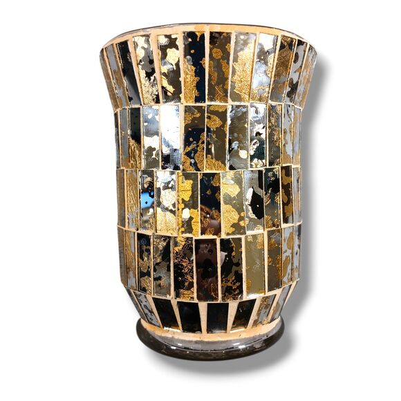 Gold Leaf Reflective Mosaic Glass Vase Mirror Mosaic Silver Glass Moroccan Clay - Picture 2 of 8